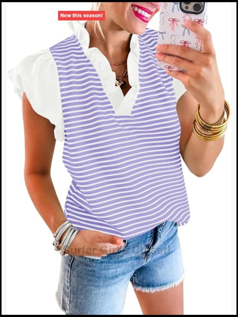 Ruffle Cap Sleeve Tank Top Striped V-Neck Blouse Summer